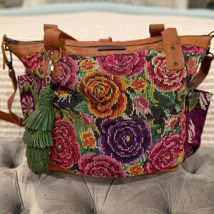 Nena & Co Full Size Tan Leather Floral Bag with Floral Side Pockets